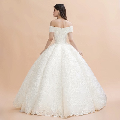 Ivory Off Shoulder Lace Appliques A-line Ball Gown Tulle Wedding Dress_2