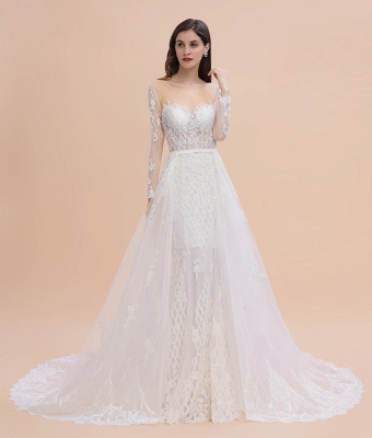 Long Sleeves Lace Tulle Mermaid Bridal Dress Scoop Neck Wedding Dress_8