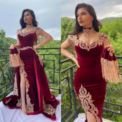 Burgundy Velvet Prom Dress Gold Appliques Floor Length Evening Dress_2