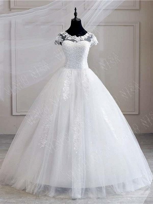 Cap Sleeves White Tulle lace Appliques Wedding Gown Aline Floor Length Bridal Dress_1