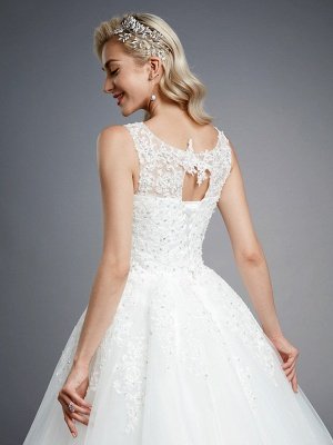 Robes de mariée élégantes sans manches col rond blanc Aline robe de mariée en dentelle florale_8