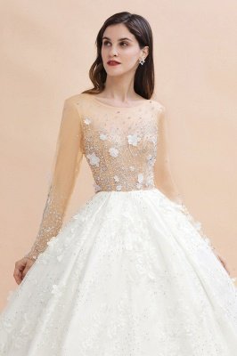 Gorgeous Scoop Neck Wedding Dress Long Sleeves Glitter Floral Lace Aline Bridal Dress_4