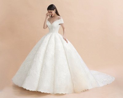 Charming Off-the-Shoulder Appliques Ball Gown Backless Sweep Train_7