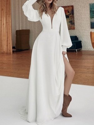 Stunning Deep V-Neck Long Sleeves Side Slit Wedding Dress_4