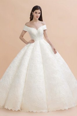 Ivory Off Shoulder Lace Appliques A-line Ball Gown Tulle Wedding Dress_1