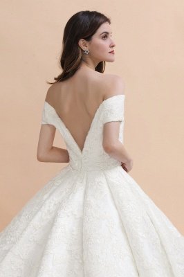 Charming Off-the-Shoulder Appliques Ball Gown Backless Sweep Train_2