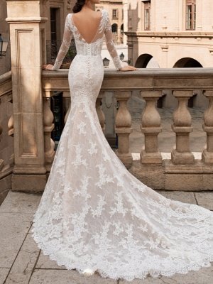Charming Long Sleeves Mermaid Bridal Dress Floral Lace Wedding Dress_2