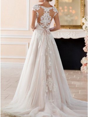 Cap Sleeves Aline Wedding Dresses with Belt Garden Bridal Dress_4