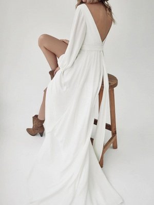 Stunning Deep V-Neck Long Sleeves Side Slit Wedding Dress_3