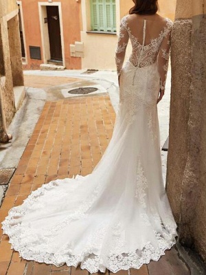 Elegant Long Sleeves Tulle Lace Mermaid Bridal Dress with Sweep/Trumpt Train_3