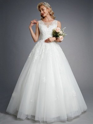 Robes de mariée élégantes sans manches col rond blanc Aline robe de mariée en dentelle florale_5