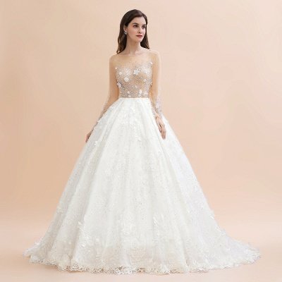 Gorgeous Scoop Neck Wedding Dress Long Sleeves Glitter Floral Lace Aline Bridal Dress_6