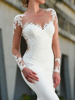 Charming White Mermaid Bridal  Gown Long Sleeves Lace Appliques Wedding Dress_2