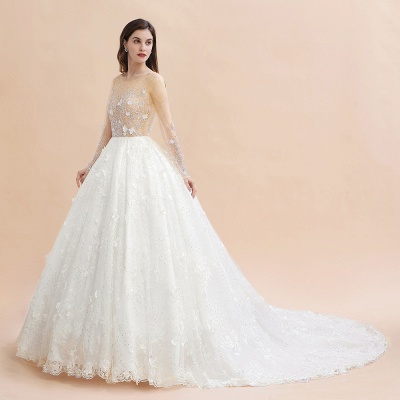 Gorgeous Scoop Neck Wedding Dress Long Sleeves Glitter Floral Lace Aline Bridal Dress_9