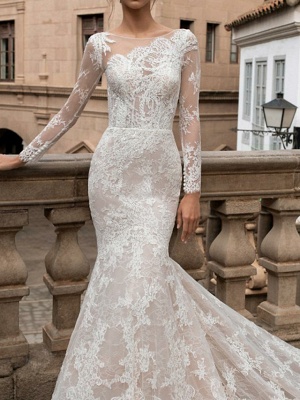 Charming Long Sleeves Mermaid Bridal Dress Floral Lace Wedding Dress_3