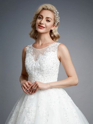 Robes de mariée élégantes sans manches col rond blanc Aline robe de mariée en dentelle florale_7