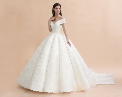 Charming Off-the-Shoulder Appliques Ball Gown Backless Sweep Train_2