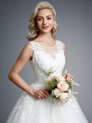 Robes de mariée élégantes sans manches col rond blanc Aline robe de mariée en dentelle florale_9