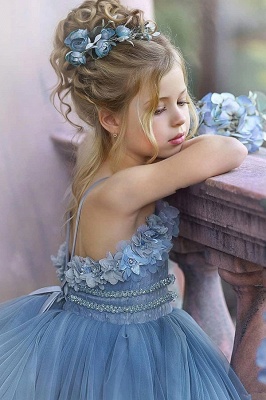 Straps Blue Ruffles Puffy Princess Flower Girl Dresses_3