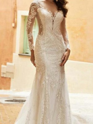 Elegant Long Sleeves Tulle Lace Mermaid Bridal Dress with Sweep/Trumpt Train_2