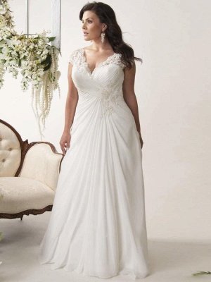 Robe de mariée grande taille à manches longues en mousseline de soie avec appliques de jardin_1