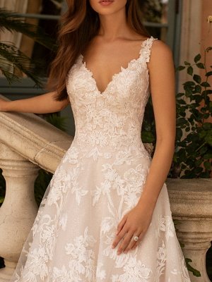 Gorgeous Floral Lace V-Neck Aline Wedding Gowns Sleeveless Bridal Dress_2