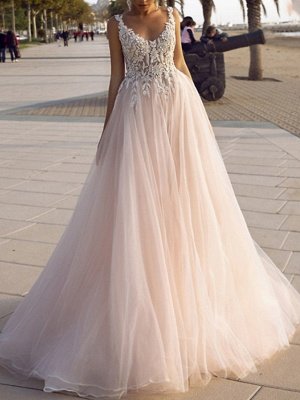 Modest Sleeveless Floral Lace Tulle Aline Wedding Dresses_1
