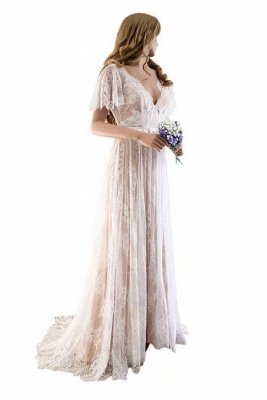 Lace Half Sleeves Boho Wedding Dress Chic Beach Bridal Gowns_1