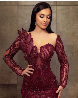 Charming Glitter Burgundy Long Sleeves Mermaid Prom Dress Beadings Evening Dress_3