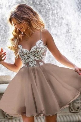 Schicke florale Spitzenträger Cocktailkleid V-Ausschnitt Heimkehrkleid knielang_1