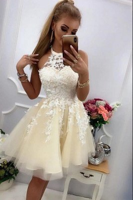 Cute Halter Tulle Lace Cocktail Dress Sleeveless Short Homecoming Dress_2
