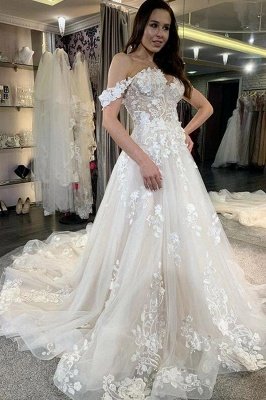 Off-the-Shoulder Tulle Lace A-line Wedding Dresses with Appliques