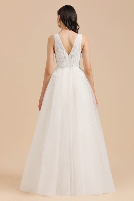 Elegantes ärmelloses weißes Brautkleid mit V-Ausschnitt Aline rückenfreies Brautkleid mit floraler Spitze_2