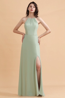 Dusty Sage Halter Long Bridesmaid Dress Sleeveless Side Slit Wedding Party Dress_4