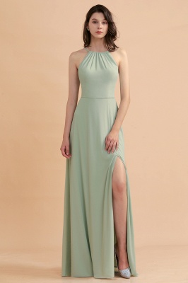 Dusty Sage Halter Long Bridesmaid Dress Sleeveless Side Slit Wedding Party Dress_7