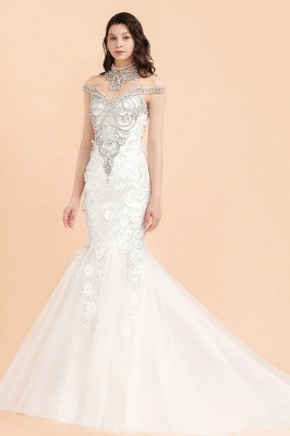 Amazing Off-the-Shoulder Beadings Mermaid Bridal Gown Flower Wedding Dress_4