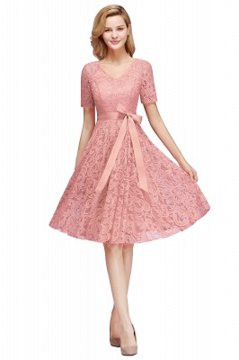 Elegant V-neck Short Sleeves Lace Dresses with Bow Sash_1