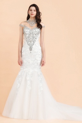 Amazing Off-the-Shoulder Beadings Mermaid Bridal Gown Flower Wedding Dress_3