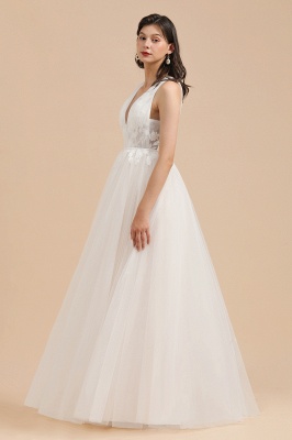 Elegantes ärmelloses weißes Brautkleid mit V-Ausschnitt Aline rückenfreies Brautkleid mit floraler Spitze_5