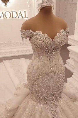 Gorgeous Off the Shoulder Mermaid Wedding Dress Backless Crystals Bridal Gown_6