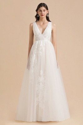 Elegant V-Neck Sleeveless White Wedding Dress Aline Backless Floral Lace Bridal Dress_3