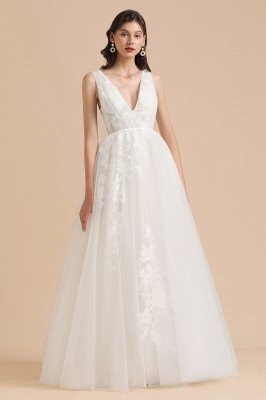 Elegantes ärmelloses weißes Brautkleid mit V-Ausschnitt Aline rückenfreies Brautkleid mit floraler Spitze_6