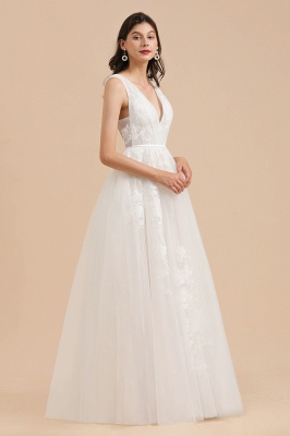 Elegantes ärmelloses weißes Brautkleid mit V-Ausschnitt Aline rückenfreies Brautkleid mit floraler Spitze_4