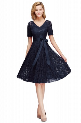 Elegant V-neck Short Sleeves Lace Dresses with Bow Sash_4