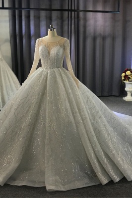 Luxurious Glitter Beadings Wedding Dress with Long Sleeves Sequins Aline Satin Bridal Gown_2