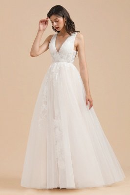 Elegantes ärmelloses weißes Brautkleid mit V-Ausschnitt Aline rückenfreies Brautkleid mit floraler Spitze_1
