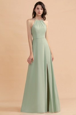 Dusty Sage Halter Long Bridesmaid Dress Sleeveless Side Slit Wedding Party Dress_1