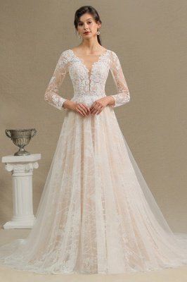 Glamouröse Elfenbein Spitze Applikationen Hochzeitskleid Tüll Langarm Brautkleider_1