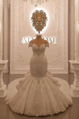 Wunderschönes schulterfreies Meerjungfrau-Hochzeitskleid, rückenfreies Brautkleid mit Kristallen_3
