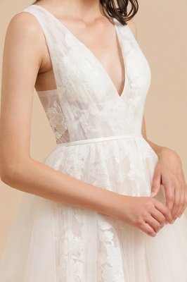 Elegantes ärmelloses weißes Brautkleid mit V-Ausschnitt Aline rückenfreies Brautkleid mit floraler Spitze_7